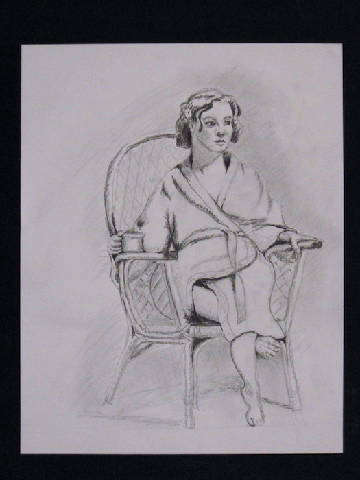 Woman seated in wicker chair. Pencil drawing.