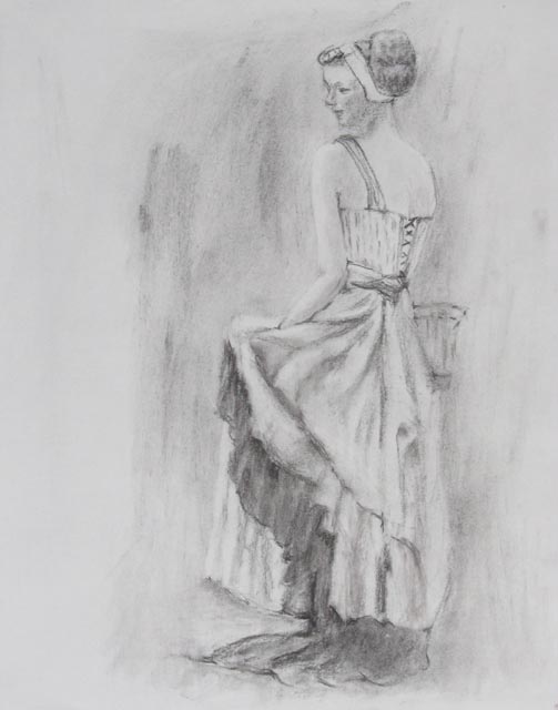 Chris Pencil drawing of a seated woman wearing a long dress. 14X11