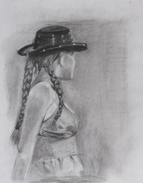 Hillary Pencil drawing of a woman wearing a black hat.  14X11