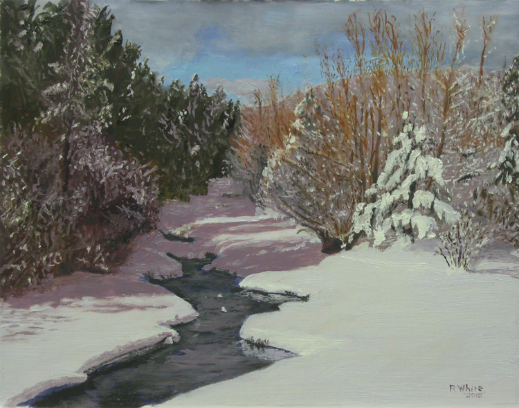 After the Storm. Oil painting of Winter snow at Thompson River Colorado.  Snow scene.