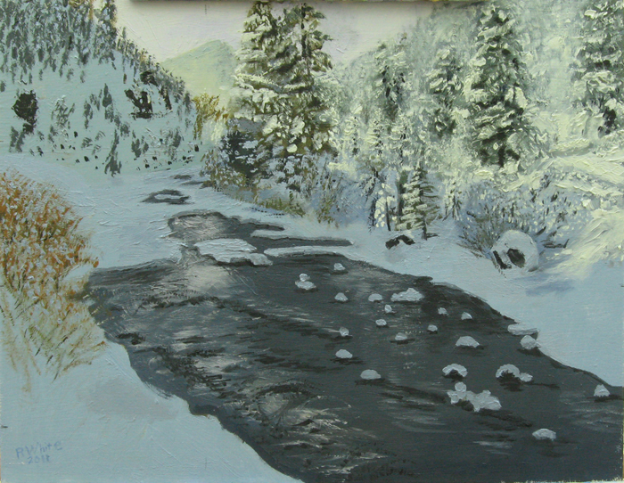 New Snow. Oil painting of Thompson River, Colorado