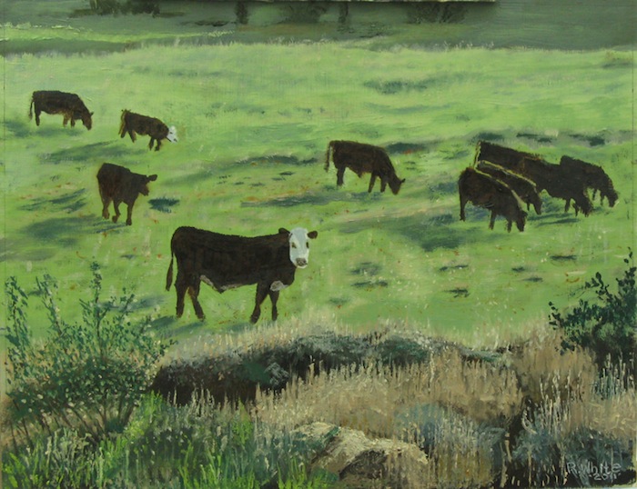 Summer Pasture. Oil painting of pasture with grazing cattle in Montana