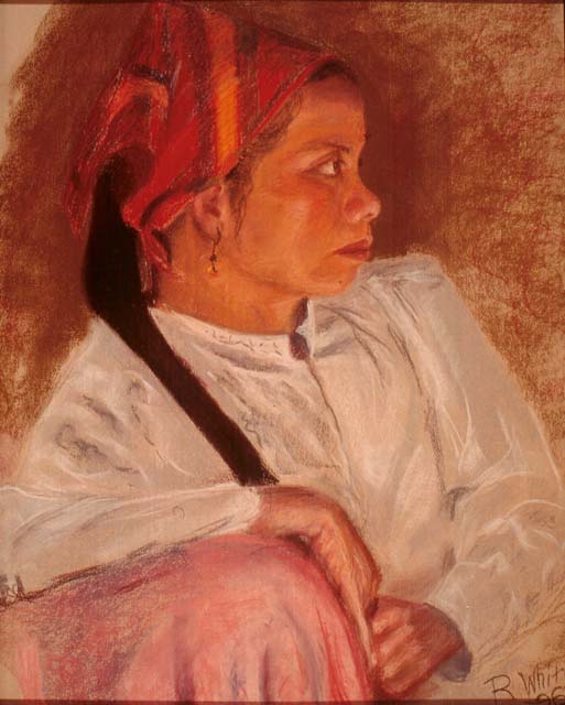 Nona  Pastel painting Portrait of a woman wearing a read scarf.