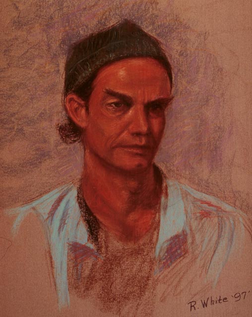 Terry  Pastel painting. Portrait of a young man wearing a green knit cap.