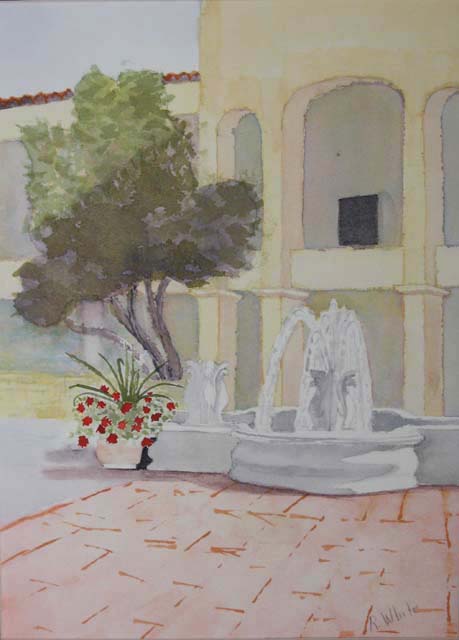 St Phillips Plaza Watercolor painting courtyard Tucson, Arizona.